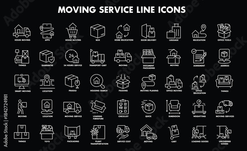 Moving Service line editable icon set. Contain icons relaed to Moving house services, packing, loaders, office moving, freight transportation, and more. Editable stroke. Vector illustration