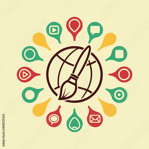 Creative global design concept showing paintbrush on a globe surrounded by various media and communication icons
