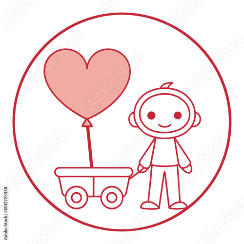 Baby boy pulling wagon with heart shape balloon inside circle vector illustration for new born birthday celebration