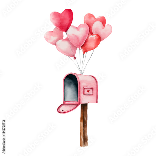 Pink watercolor mailbox with heart emblem and open flap receiving a bunch of red and pink heart balloons, symbolizing love, romance, and special deliveries for valentine's day