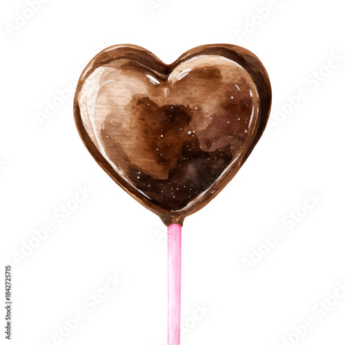 Heart shaped chocolate lollipop with a pink stick, symbolizing love, sweetness, and celebration for valentine's day, anniversaries, and romantic gestures on a transparent background
