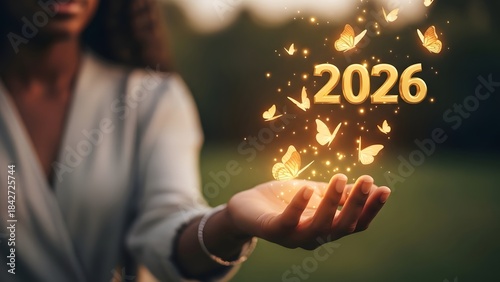 Woman hand holding glowing golden 2026 with butterflies flying in soft light background