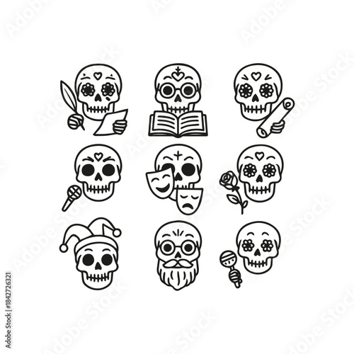 Creative collection of sugar skull illustrations representing various professions and arts