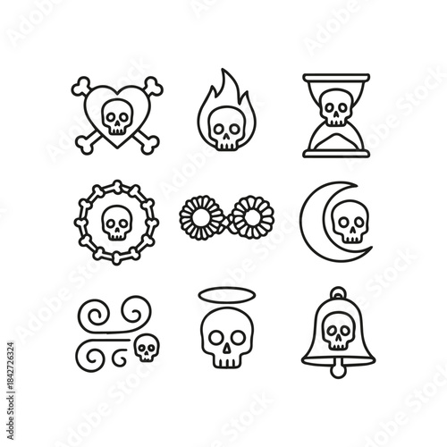 Diverse collection of minimal outline skull icons representing life, death, and various concepts
