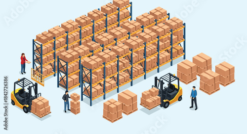 Isometric view of a busy warehouse with workers operating forklifts to organize and stack cardboard boxes on tall storage racks.