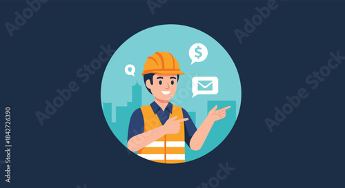 Friendly construction worker in a hard hat and safety vest pointing with communication and finance icons in a circular frame.