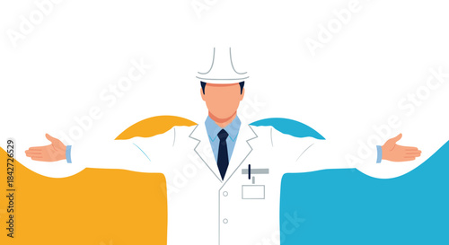An abstract illustration of a professional engineer or scientist with open arms, presented with colorful fluid background shapes.