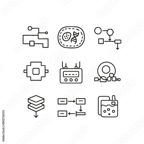 Modern scientific and technological process icons including biology, data, and engineering concepts