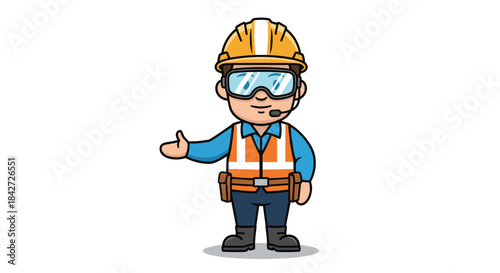 Cartoon mascot of a construction worker with a headset and tool belt, making a welcoming gesture with his outstretched hand.