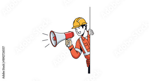 A construction worker peeks from behind a wall while shouting into a megaphone to make an important safety announcement.