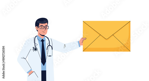 A friendly male doctor with a stethoscope holds up a large yellow envelope, representing medical results, referrals, or communication.