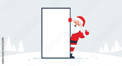 Santa Claus peeks from behind a large blank vertical banner in a snowy landscape, giving a thumbs-up for your holiday message.