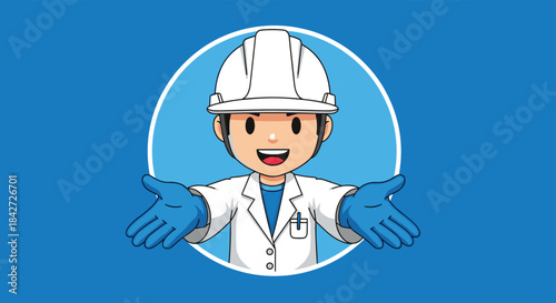 A welcoming cartoon scientist or engineer character with open arms, presented in a circular frame for a profile icon or avatar.