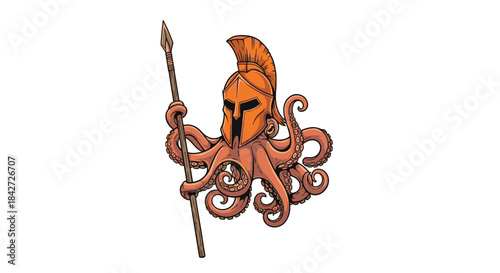 A powerful octopus warrior wearing a Spartan helmet and holding a spear, creating a unique mythological sea creature character.