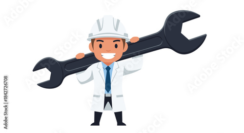 A strong and smiling cartoon scientist character holding a giant wrench, symbolizing problem-solving, repair, and technical expertise.