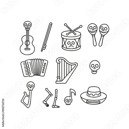 Spooky musical instruments and festive elements for a lively day of the dead celebration