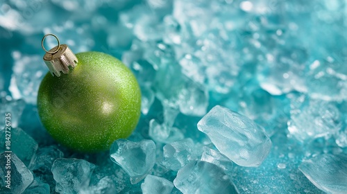 Vibrant green Christmas ornament among shining ice shards. Creative Christmas and New Year festive concept with copy space.	