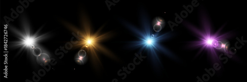 A set of multi-colored light flares and lens effects. Vector. EPS 10.