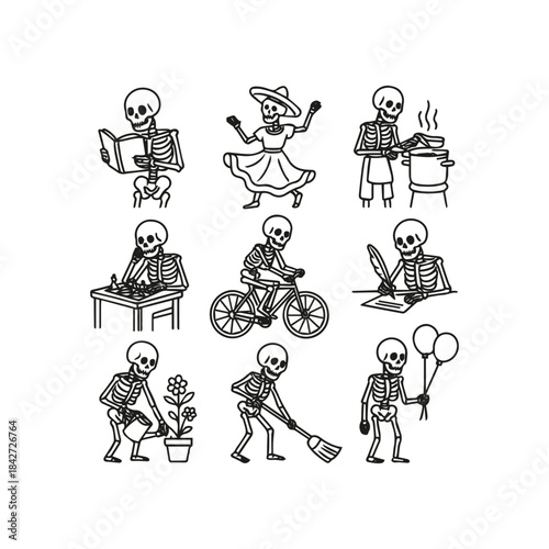 Skeletons engaging in various everyday activities and hobbies, a whimsical line art collection