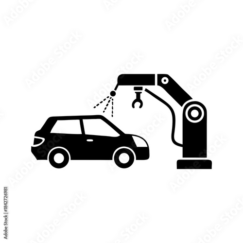 Automated car painting process with robotic arm icon. Industrial manufacturing robot spraying vehicle in assembly line, modern technology concept.