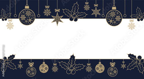 Elegant navy blue Christmas border background with white center space, gold hanging ornaments, snowflakes, stars and holly leaves; festive holiday template for greeting cards, invitations and seasonal
