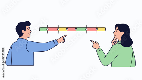 two coworkers are pointing at a project timeline business themed vector illustration