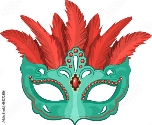 A green mask with red feathers and jewels