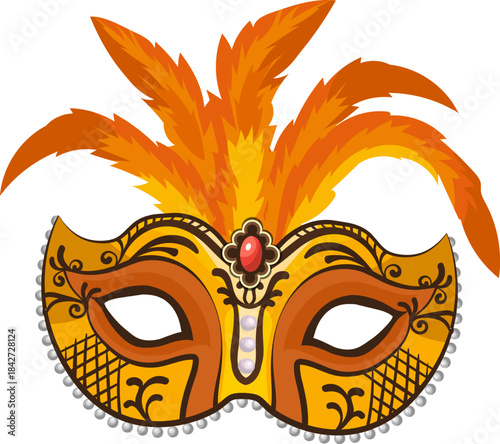 A gold mask with orange feathers and a red stone on it