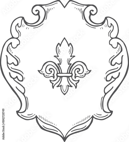 A black and white drawing of a shield with a fleur de lis on it