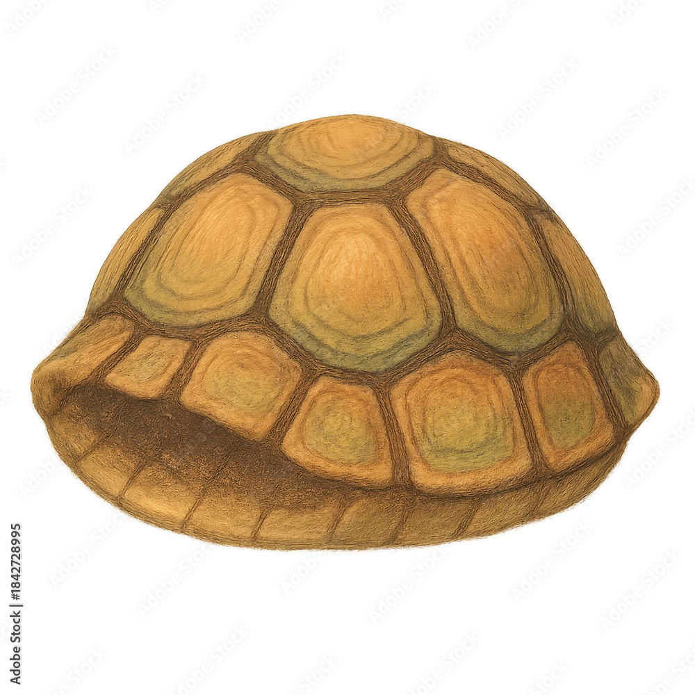 Fototapeta premium Pencil-style illustration of a turtle shell with warm brown and yellow tones, detailed segments and soft texture. Ideal for children’s books, games and educational materials