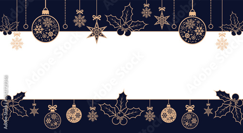 Elegant navy blue Christmas border background with white center space, gold hanging ornaments, snowflakes, stars and holly leaves; festive holiday template for greeting cards, invitations and seasonal