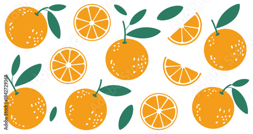Bright Orange Slices and Whole Oranges with Green Leaves fruit citrus