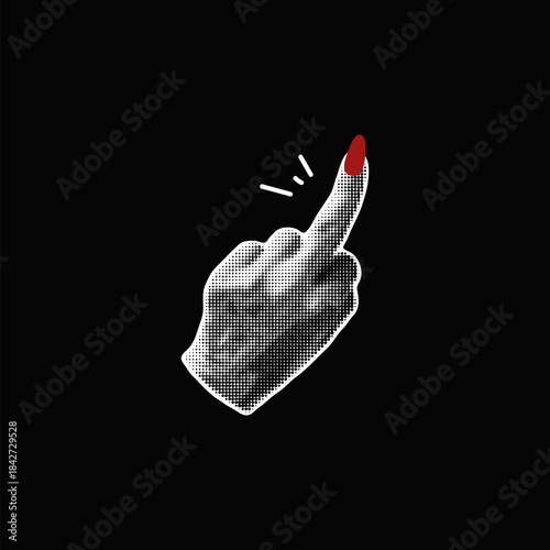 Halftone grainy fuck off hand gesture retro noise photocopy effect, vector grunge middle finger sign, red nails manicure
