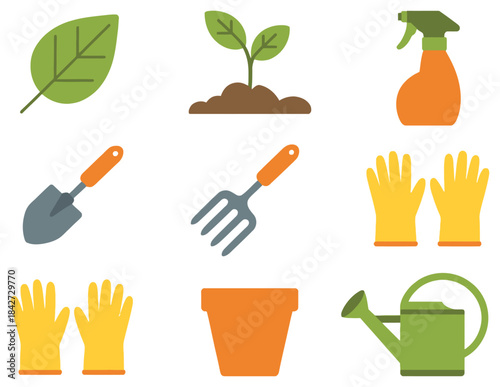Flat Gardening Tools and Plants in Green Yellow and Orange Colors leaf