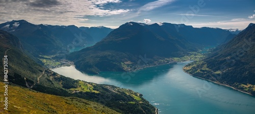 Картината върху платно view of the Nordfjorden and the villages of Olden and Loen in Vestland County of