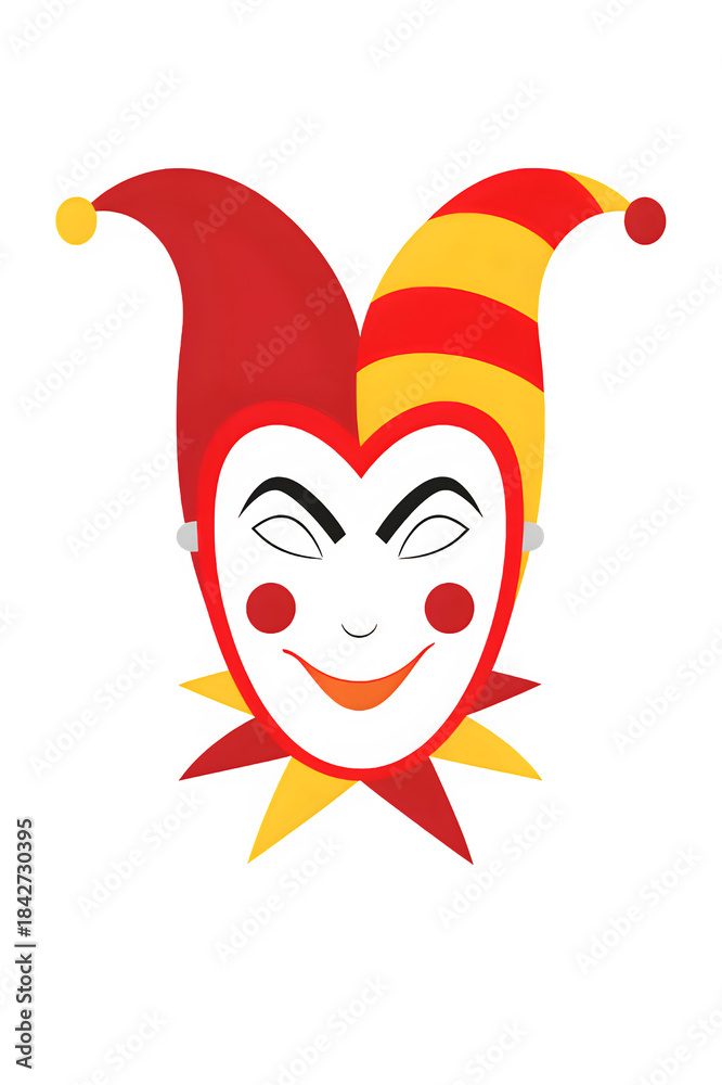 Fototapeta premium Colorful jester or harlequin mask illustration with red and yellow bifurcated hat and smiling face, isolated on a solid black background. Ideal for carnival or party designs.