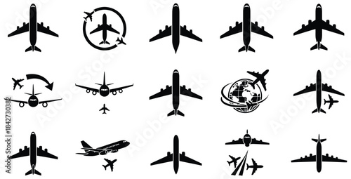 Collection of black and white airplane icons showing various views and travel concepts for aviation design