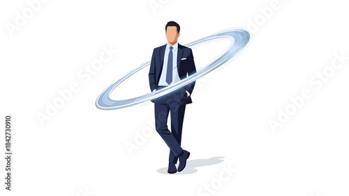 Dynamic Businessman in Smart Suit with Futuristic Halo, Modern Office Setting, Digital Illustration