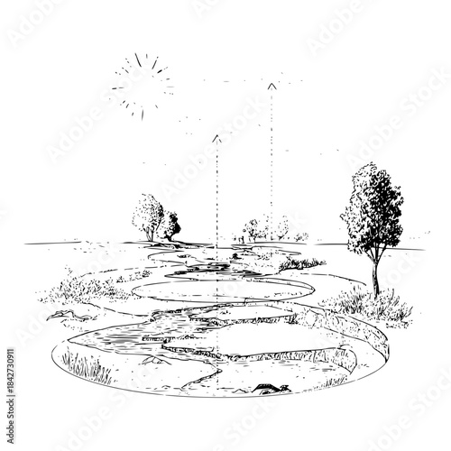 Landscape architecture design sketch of water feature with trees and sun illustration art drawing