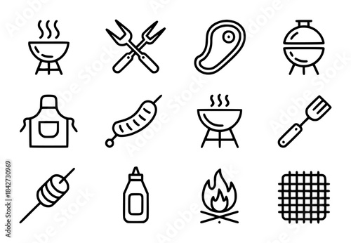 Monochrome Line of Barbecue Tools and Food grill black