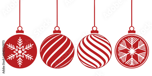 Red Christmas Balls with Different Patterns on transparent Background. Set Hanging Christmas Balls, Christmas ball set, red baubles with pattern, ornaments vector on transparent Background