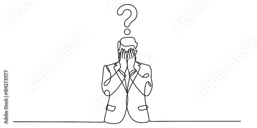 Continuous line drawing of a businessman in confusion with a question mark over his head Vector, illustration