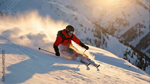 Skier carving through fresh powder snow on a mountain. Professional athlete skiing downhill in slow motion at sunset. Winter sports and adventure concept