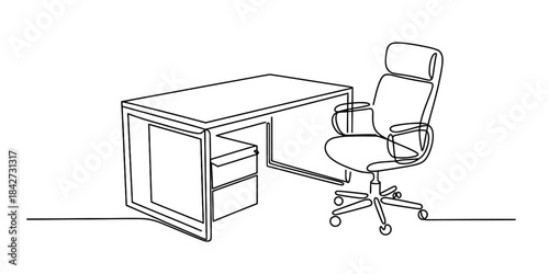 A minimalist single continuous line drawing of an office workspace with a desk and ergonomic chair Vector, illustration