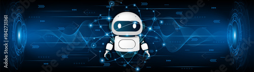 Artificial intelligence robot. Modern technology. Intelligent assistant robot of the future world. Chatbot mascot on a blue background.	
