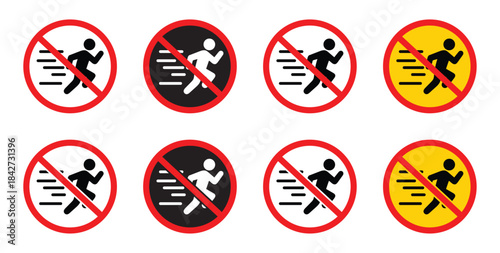 Prohibition symbol for running a red circle with a diagonal line.  Running prohibited vector illustration. No running allowed in this area silhouette.