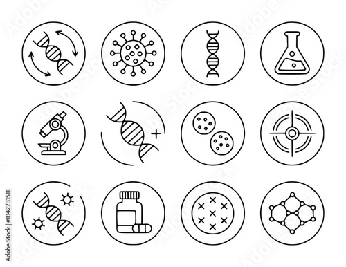 Twelve monochrome line of scientific and medical symbols