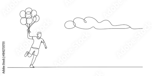 Continuous one line drawing of a running man holding balloons, symbolizing freedom and joy Vector, illustration