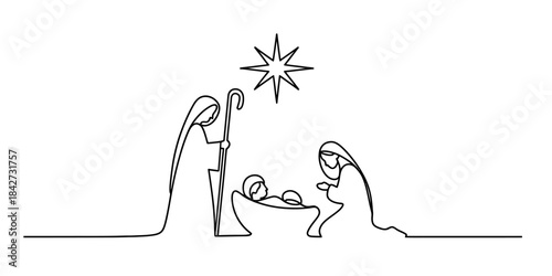A continuous line drawing depicting the nativity scene with the holy family Vector, illustration