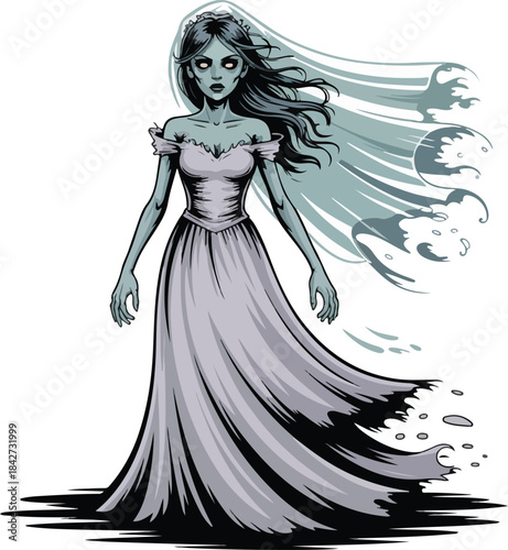 An elegant cartoon illustration of a beautiful lady in a princess dress featuring retro art style and floral hair details